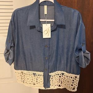 Blue and Cream 3/4 Sleeve Crop Button Down Shirt